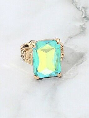 Mint Emerald Cut Crystal Adjustable Ring Fashion Statement Jewelry